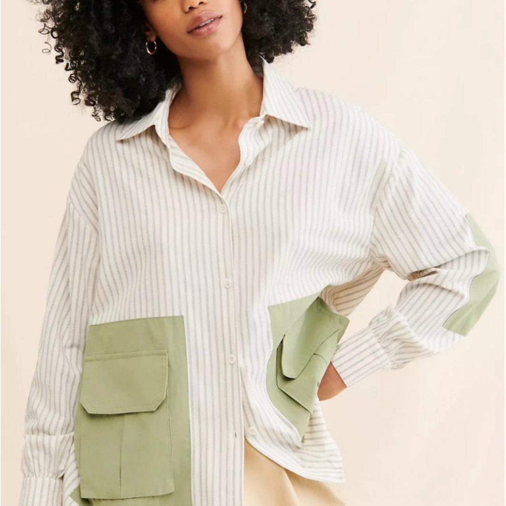 Button-Down Striped Shirt with Green Patch Pockets